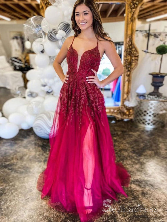 A-line Spaghetti Straps Burgundy Long Prom Dresses Lace Evening Gowns CBD580|Selinadress