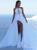 A-line Spaghetti Straps Cheap Chiffon Long Prom Dresses White Evening Dress CBD527