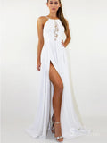 A-line Spaghetti Straps Cheap Chiffon Long Prom Dresses White Evening Dress CBD527