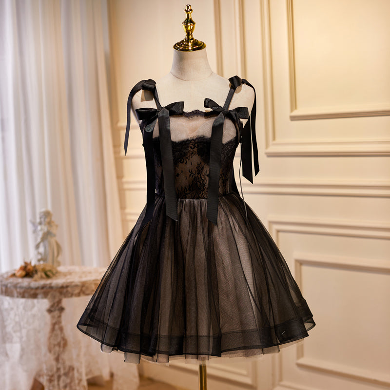 prom black dress short V Neck Lace Dresses, Black V Neck Short Lace Graduati jbydress Ruffle Bottom With Zipper Back Black Homecoming Cocktail Dresses Short