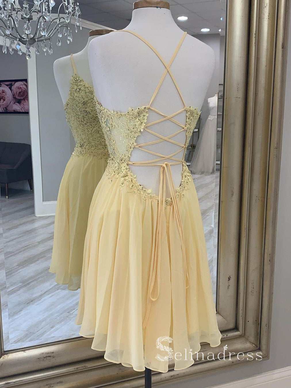 A-line Spaghetti Straps Daffodil Short Prom Dress Chiffon Homecoming D SELINADRESS A-line Spaghetti Straps Daffodil Short Prom Dress Chiffon Homecoming D SELINADRESS