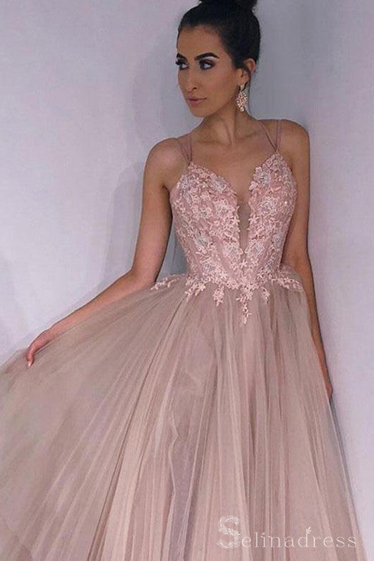 A-line Spaghetti Straps Dusty Pink Prom Dress Applique Long Formal Eve SELINADRESS A-line Spaghetti Straps Dusty Pink Prom Dress Applique Long Formal Eve SELINADRESS