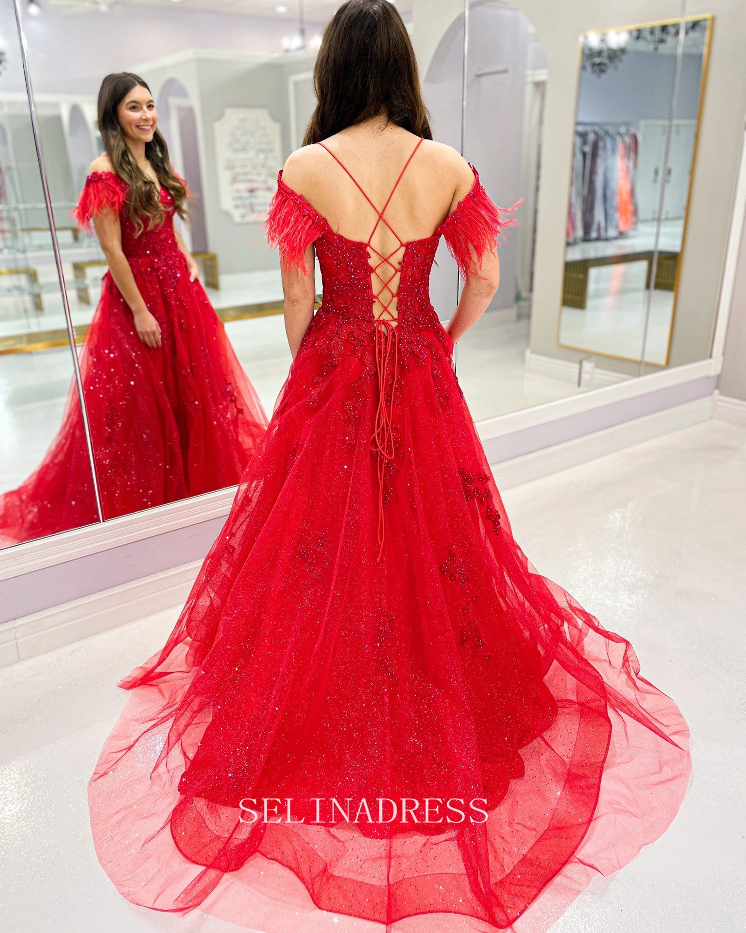 A-line Spaghetti Straps Feather Elegant Long Prom Dress Red Lace Party SELINADRESS A-line Spaghetti Straps Feather Elegant Long Prom Dress Red Lace Party SELINADRESS
