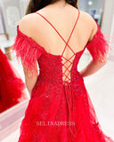 A-line Spaghetti Straps Feather Elegant Long Prom Dress Red Lace Party Dress #LOP005|Selinadress