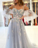 A-line Spaghetti Straps Floral Lace Long Prom Dress Cheap Evening Dresses #JKSS05|Selinadress