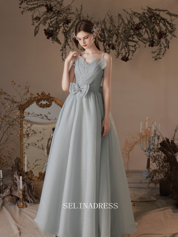 A-line Spaghetti Straps Gray Long Prom Dress Bridal Dresses Cheap Evening Dress OSTY003|Selinadress