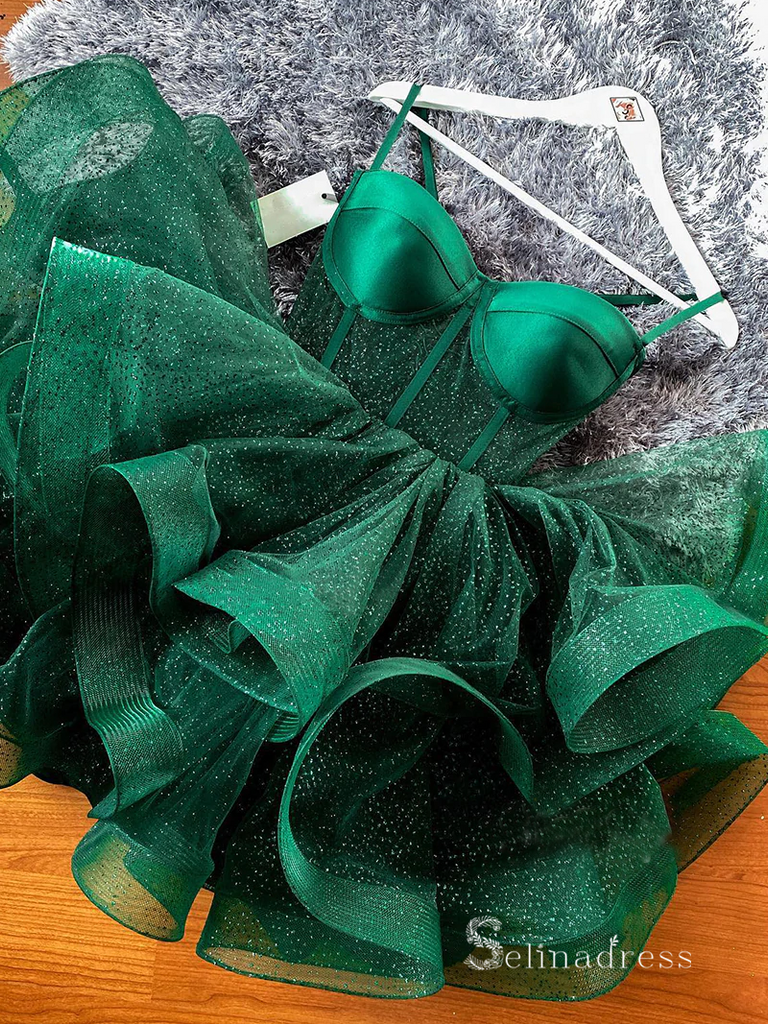 mini green prom dress A-Line Sweetheart Neck Tulle Beads Green Short Prom Dress, Cute Homeco