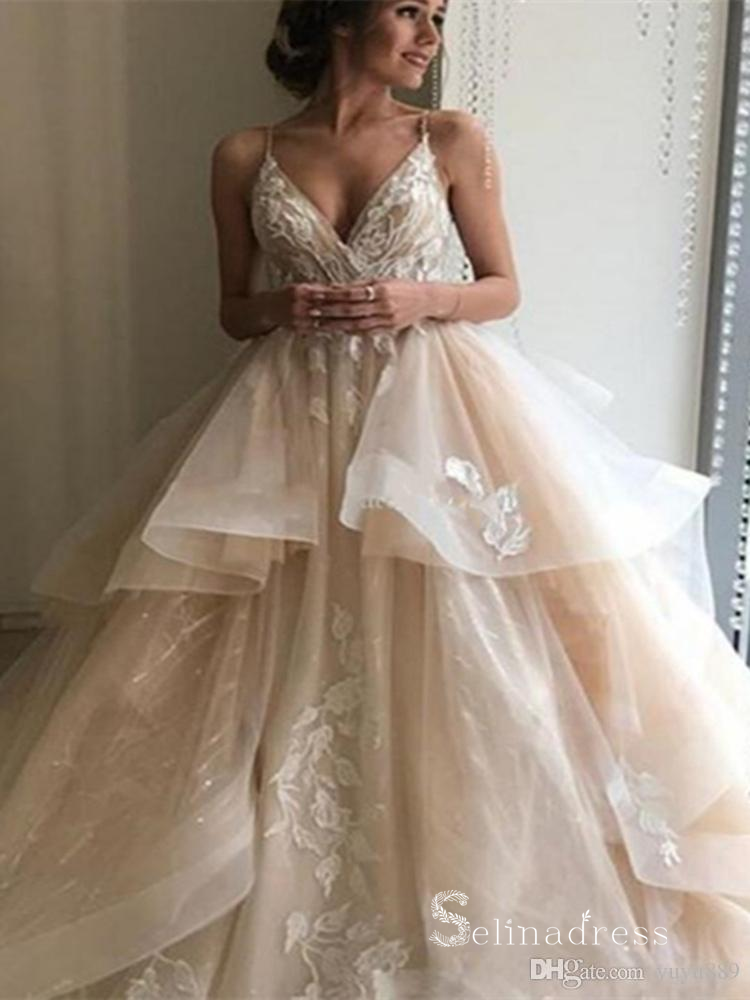 A line Spaghetti Straps Lace Applique Rustic Wedding Dresses Champagne SELINADRESS