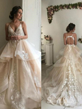 A-line Spaghetti Straps Lace Applique Rustic Wedding Dresses Champagne Bridal Gowns MHL2830|Selinadress