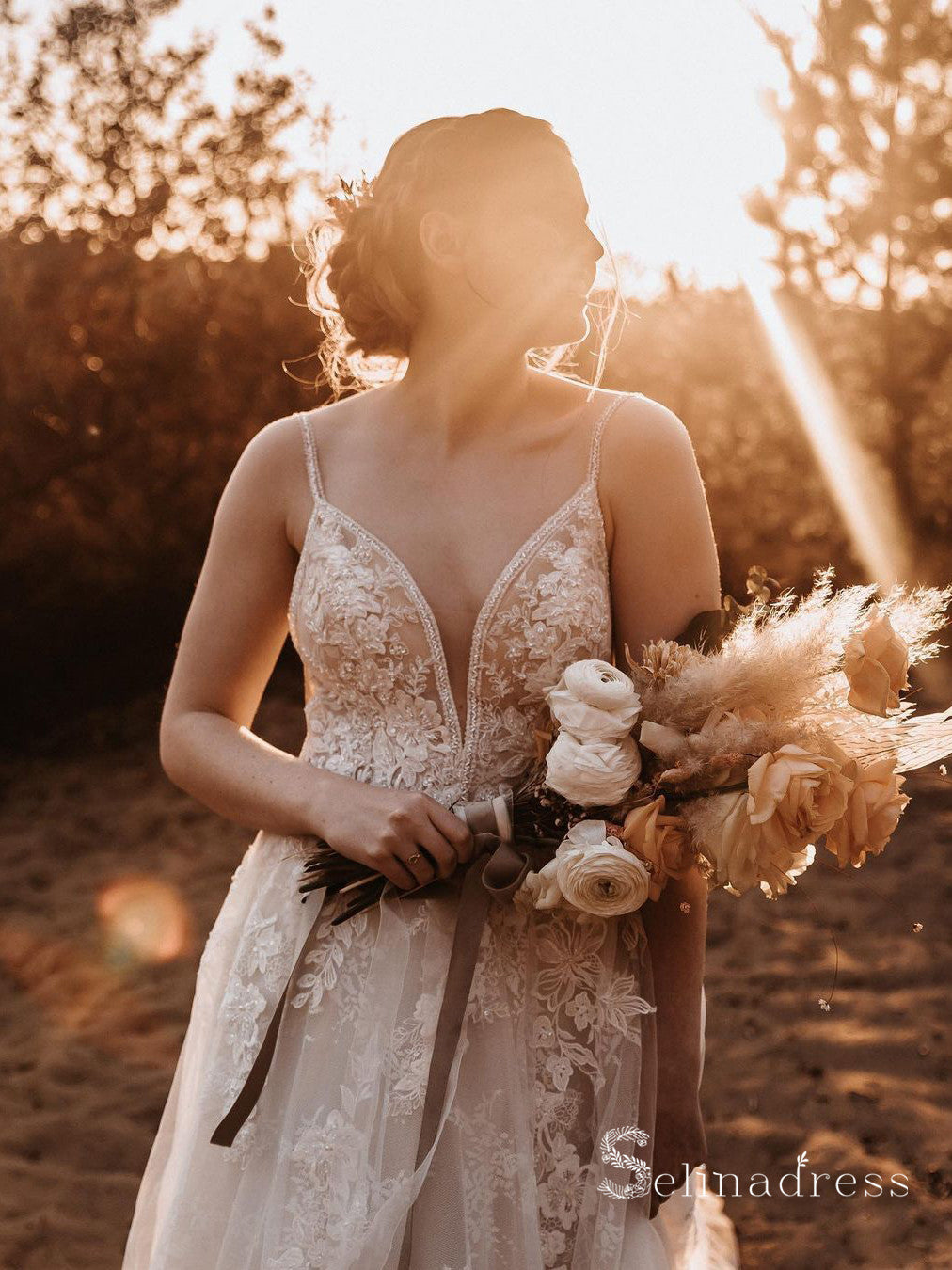A-line Spaghetti Straps Lace Beaded Open Back Wedding Dresses Bridal G SELINADRESS A-line Spaghetti Straps Lace Beaded Open Back Wedding Dresses Bridal G SELINADRESS