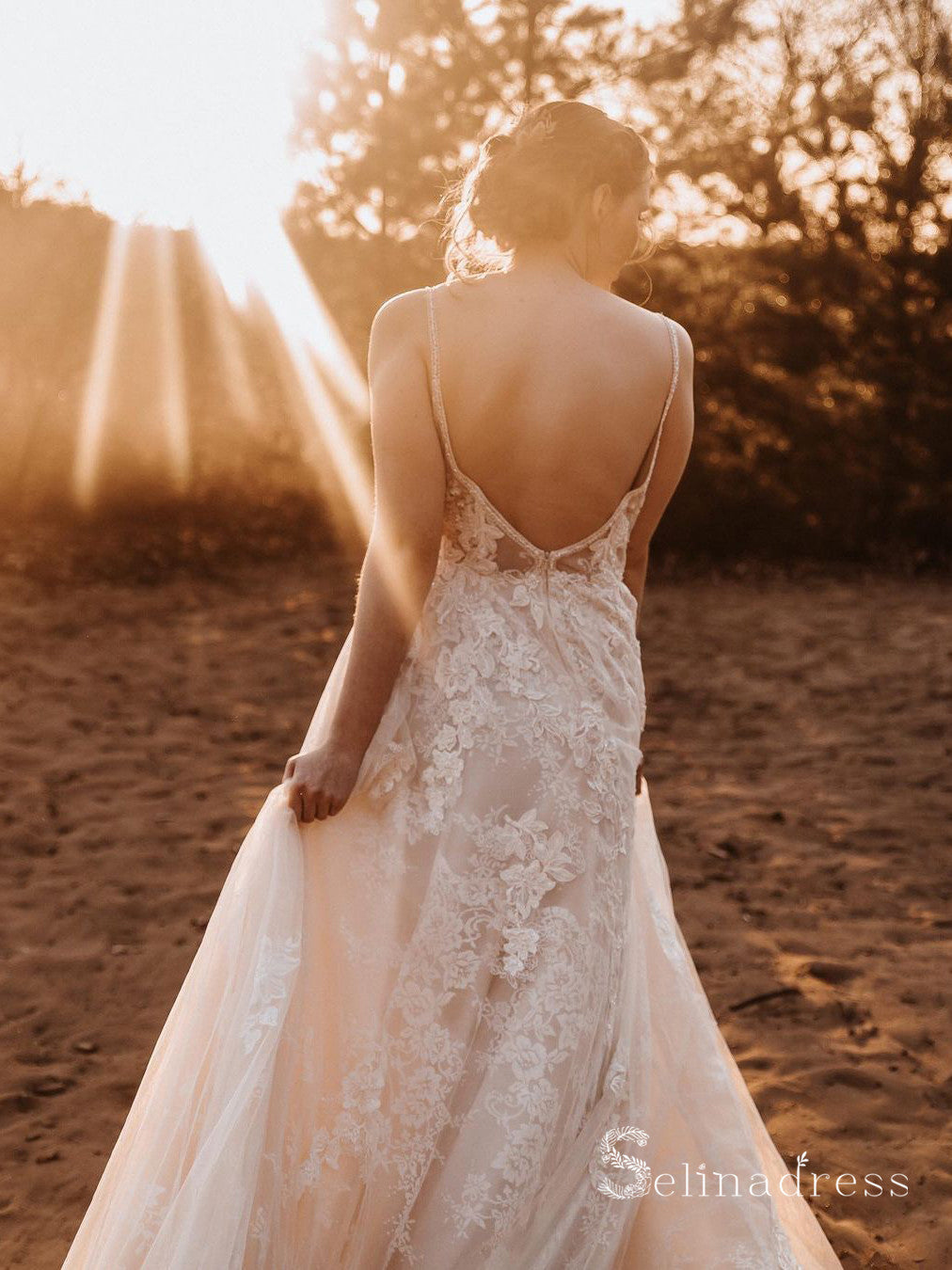 A-line Spaghetti Straps Lace Beaded Open Back Wedding Dresses Bridal G SELINADRESS A-line Spaghetti Straps Lace Beaded Open Back Wedding Dresses Bridal G SELINADRESS