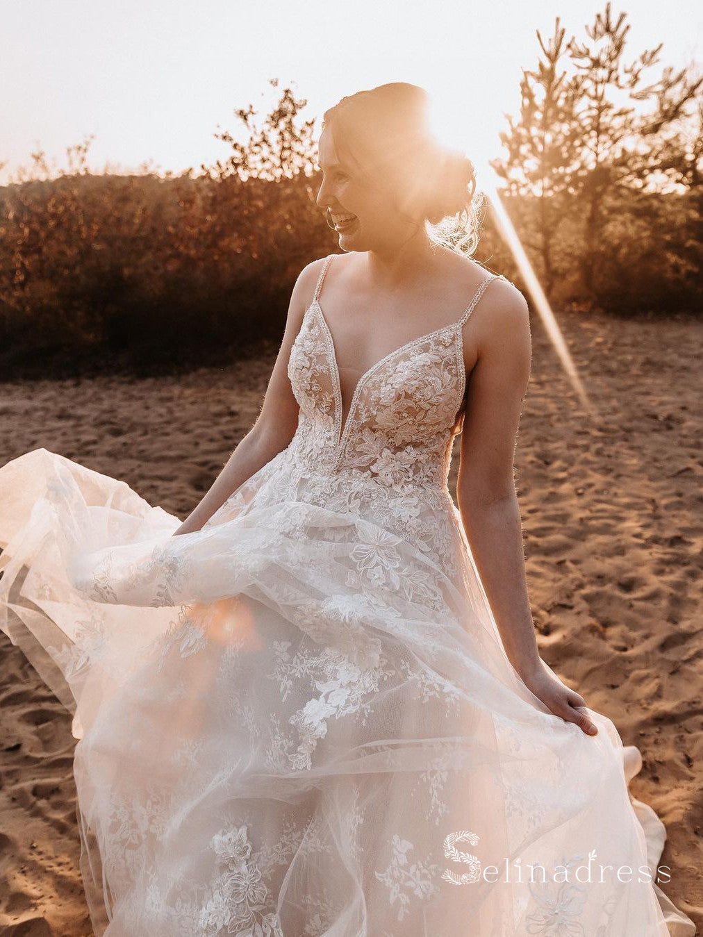 A-line Spaghetti Straps Lace Beaded Open Back Wedding Dresses Bridal G SELINADRESS A-line Spaghetti Straps Lace Beaded Open Back Wedding Dresses Bridal G SELINADRESS
