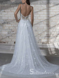 A Line Spaghetti Straps Lace Sparkly White Wedding Dresses MLD005|Selinadress