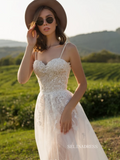A-line Spaghetti Straps Lace Wedding Dress Rustic Tulle Country Wedding Dresses KTC008|Selinadress