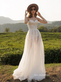 A-line Spaghetti Straps Lace Wedding Dress Rustic Tulle Country Wedding Dresses KTC008|Selinadress