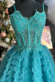 A-Line Spaghetti Straps Layered Lace Long Prom Dress Gorgeous Frill Layered Gown JKSS03