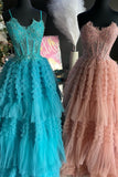 A-Line Spaghetti Straps Layered Lace Long Prom Dress Gorgeous Frill Layered Gown JKSS03