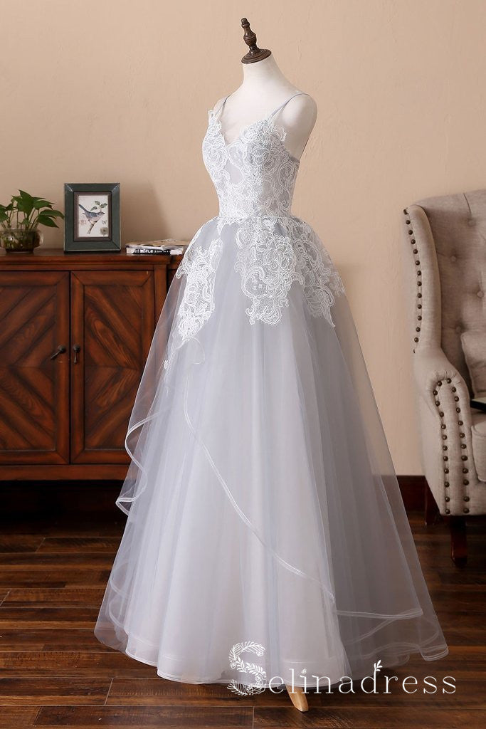 A-line Spaghetti Straps Light Gray Lace Long Sweet 16 Prom Dress Evening Dress SED052|Selinadress