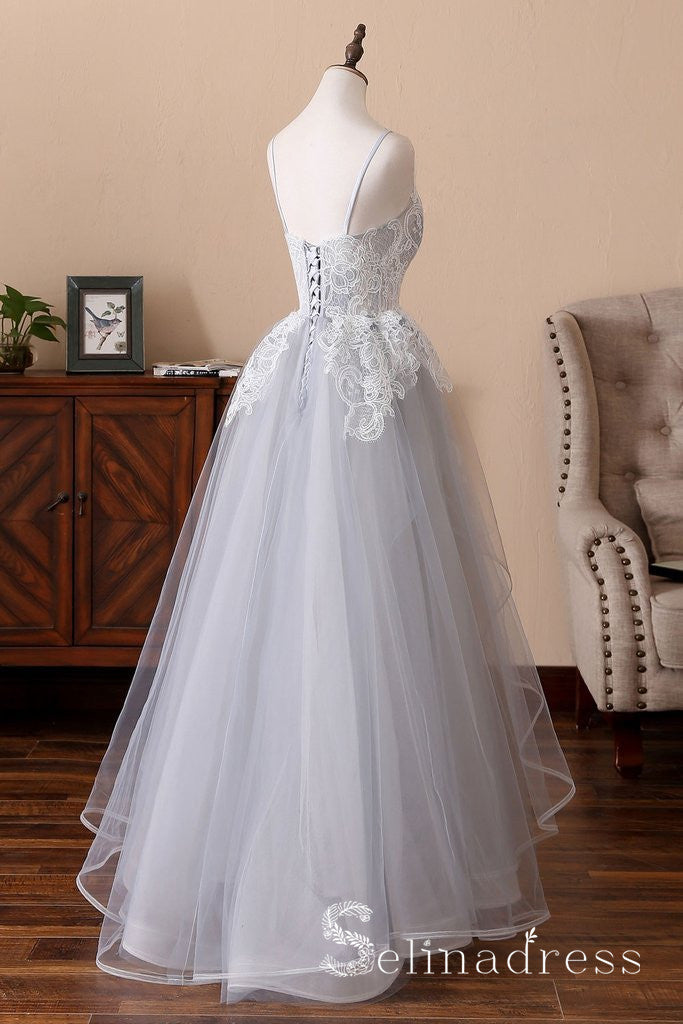A-line Spaghetti Straps Light Gray Lace Long Sweet 16 Prom Dress Evening Dress SED052|Selinadress