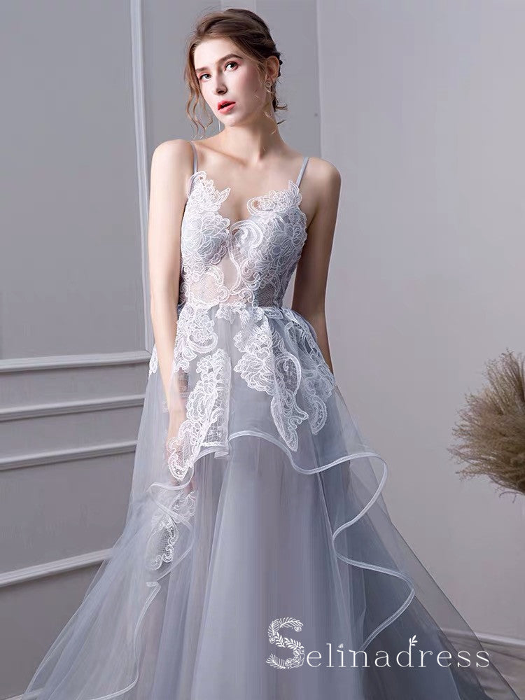 A-line Spaghetti Straps Light Gray Lace Long Sweet 16 Prom Dress Evening Dress SED052|Selinadress