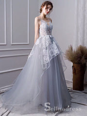 A-line Spaghetti Straps Light Gray Lace Long Sweet 16 Prom Dress Evening Dress SED052|Selinadress