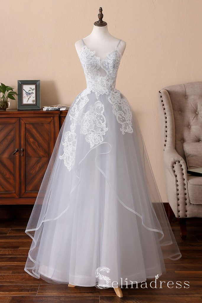 A-line Spaghetti Straps Light Gray Lace Long Sweet 16 Prom Dress Evening Dress SED052|Selinadress