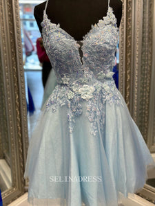 A-line Spaghetti Straps Light Sky Blue Short Prom Dress Lace Homecoming Dress LOP013|Selinadress