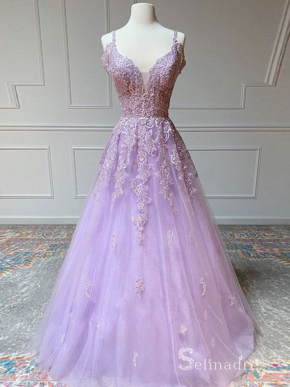 A-line Spaghetti Straps Lilac Long Prom Dresses Lace Evening Gowns CBD548|Selinadress