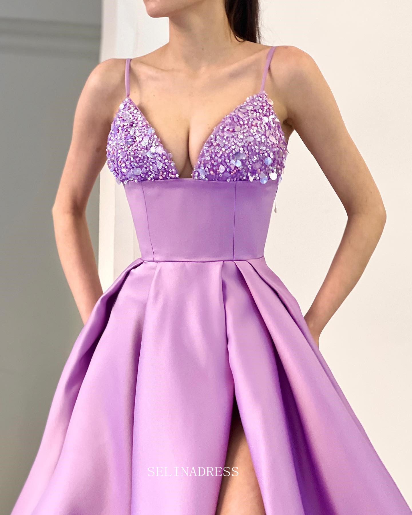 A-line Spaghetti Straps Lilac Prom Dress Thigh Split Satin Evening Gow SELINADRESS A-line Spaghetti Straps Lilac Prom Dress Thigh Split Satin Evening Gow SELINADRESS