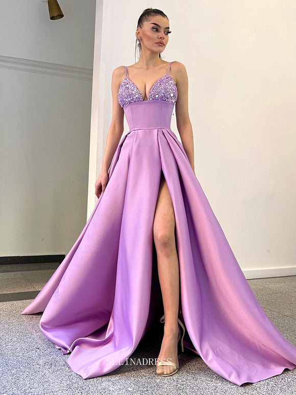 A-line Spaghetti Straps Lilac Prom Dress Thigh Split Satin Evening Gowns #POL107|Selinadress