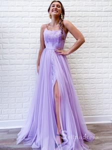 A-line Spaghetti Straps Lilac Prom Dresses Long Lace Formal Evening Gowns CBD020