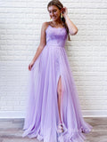 A-line Spaghetti Straps Lilac Prom Dresses Long Lace Formal Evening Gowns CBD020