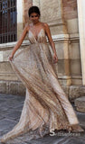 A-line Spaghetti Straps Long Prom Dress Sparkly Elegant Backless Formal Gowns SED015
