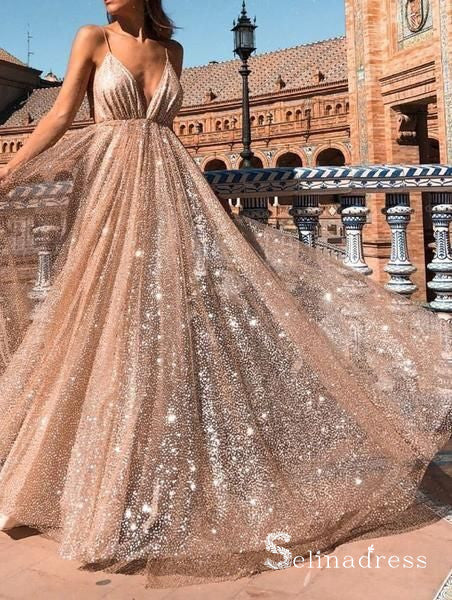 A-line Spaghetti Straps Long Prom Dress Sparkly Elegant Backless Forma SELINADRESS A-line Spaghetti Straps Long Prom Dress Sparkly Elegant Backless Forma SELINADRESS
