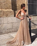 A-line Spaghetti Straps Long Prom Dress Sparkly Elegant Backless Formal Gowns SED015