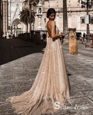 A-line Spaghetti Straps Long Prom Dress Sparkly Elegant Backless Formal Gowns SED015 A-line Spaghetti Straps Long Prom Dress Sparkly Elegant Backless Formal Gowns SED015