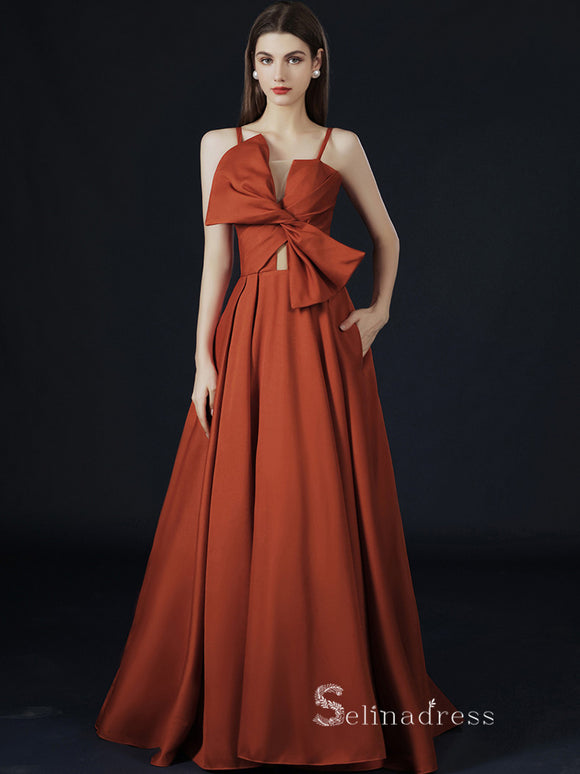 A-line Spaghetti Straps Long Prom Dress With Bow Satin Evening Dresses GKF019|Selinadress