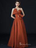A-line Spaghetti Straps Long Prom Dress With Bow Satin Evening Dresses GKF019|Selinadress