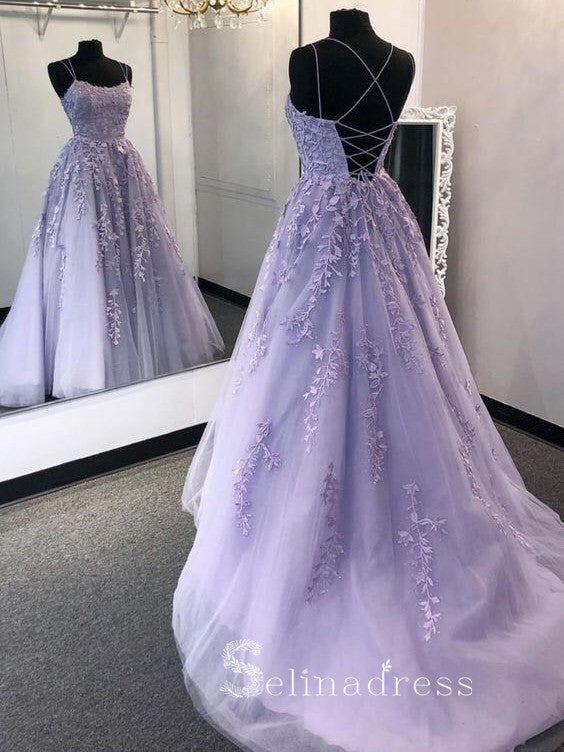 A-line Spaghetti Straps Modest Cheap Long Prom Dresses Applique Evenin SELINADRESS A-line Spaghetti Straps Modest Cheap Long Prom Dresses Applique Evenin SELINADRESS