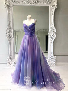 A-line Spaghetti Straps Ombre Prom Dresses Long Formal Gowns Colorful Evening Dress With Ruffles SED149|Selinadress