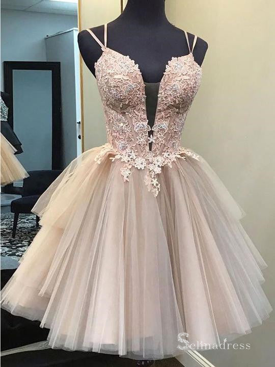A-line Spaghetti Straps Pink Applique Short Prom Dress Homecoming Dresses #MLH040|Selinadress