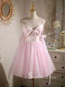 A-line Spaghetti Straps Pink Cute Short Homecoming Dress Summer Outfits THL006|Selinadress