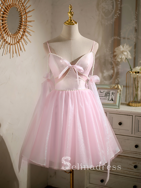 A-line Spaghetti Straps Pink Cute Short Homecoming Dress Summer Outfits THL006|Selinadress