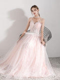 A-line Spaghetti Straps Pink Lace Long Prom Dress Cheap Formal Dress #SED164