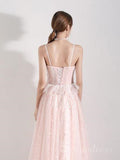 A-line Spaghetti Straps Pink Lace Long Prom Dress Cheap Formal Dress #SED164