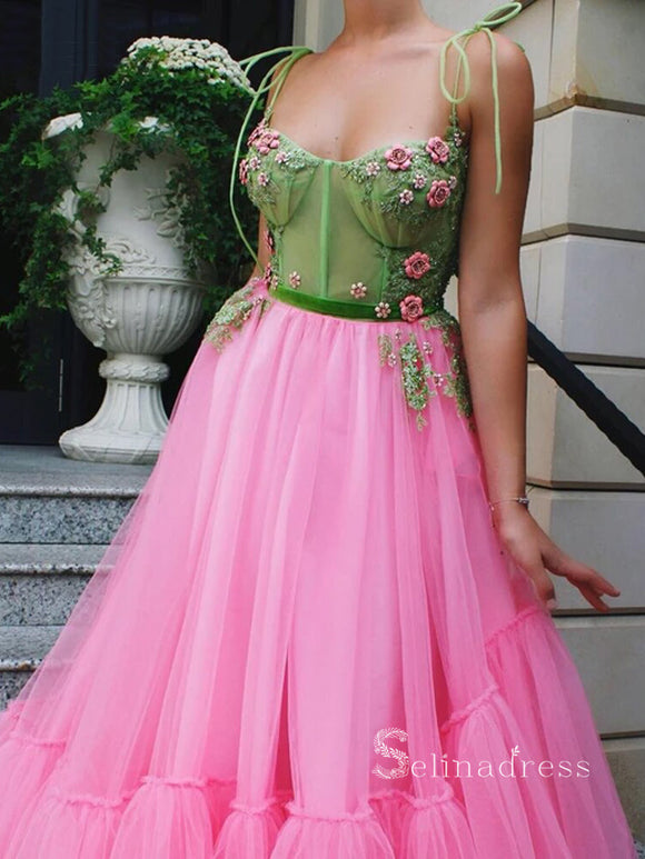A-line Spaghetti Straps Pink Long Prom Dress Beaded Evening Dresses HLK009|Selinadress