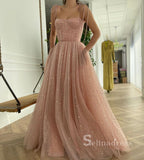A-line Spaghetti Straps Pink Long Prom Dress Sparkly Evening Dresses HLK012|Selinadress