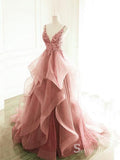 A-line Spaghetti Straps Pink Long Prom Dresses Lace Evening Gowns CBD547|Selinadress