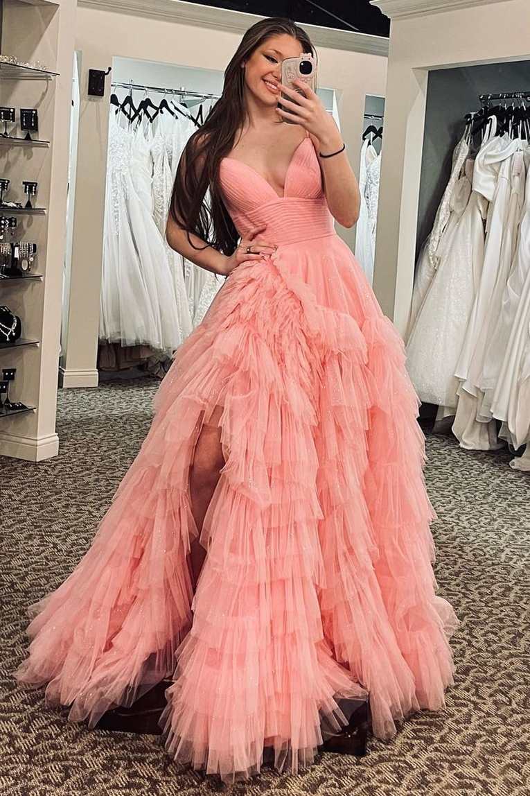 long pink ruffle dress A-Line Spaghetti Straps Pink Princess Frill-Layered Long Prom Dress JK – SELINADRESS