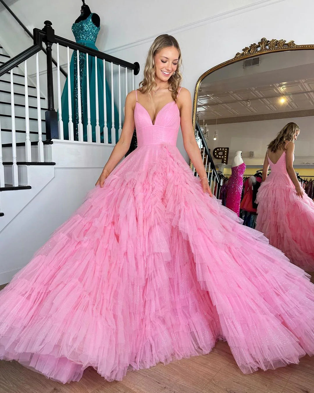 Party Dresses Preppy Prom Dresses A-Line Spaghetti Straps Pink Princess Frill-Layered Long Prom Party Dresses Preppy Prom Dresses A-Line Spaghetti Straps Pink Princess Frill-Layered Long Prom